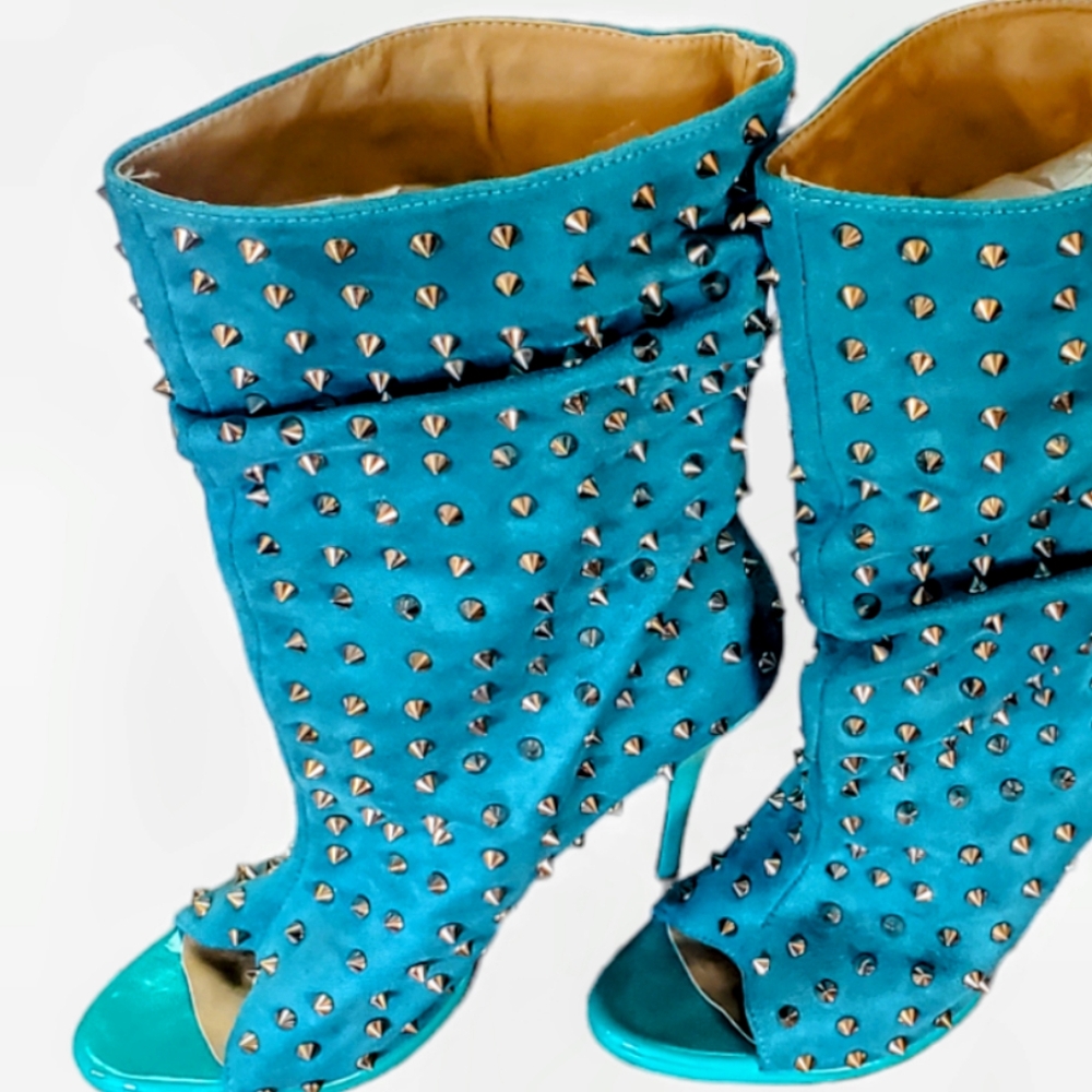 Designer Inspired Teal Studded Peep Toe High Heel Boots Size 42 - Picture 11 of 16